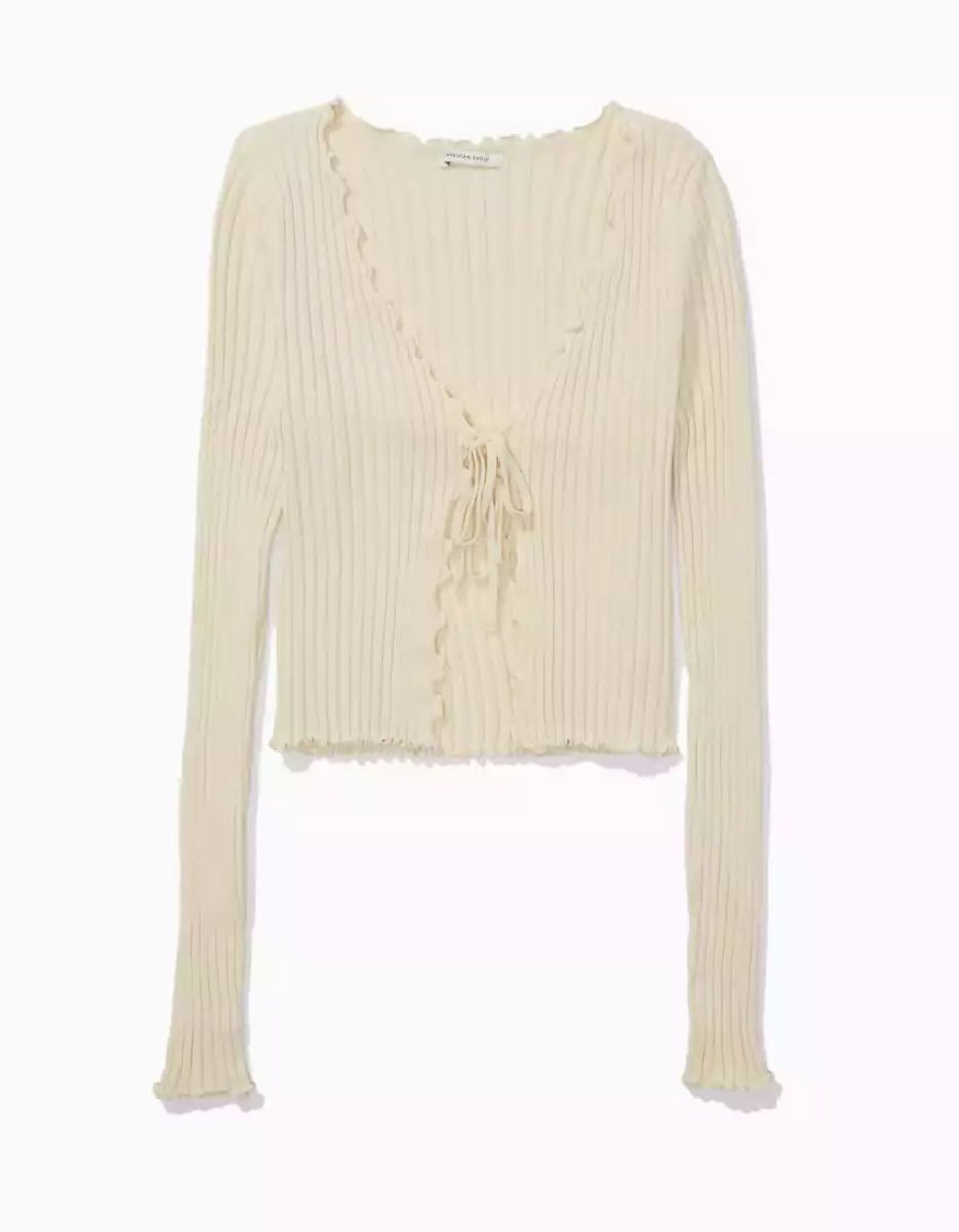 Cardigan American Eagle AE Nervuré Tie-Front Blanche Femme | ECY-21517678